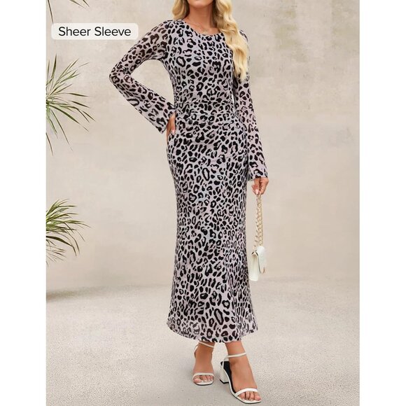 Zesica Women's Leopard Ruched Mesh Long Sleeve Floral Bodycon Cocktail Dress - Picture 2 of 6